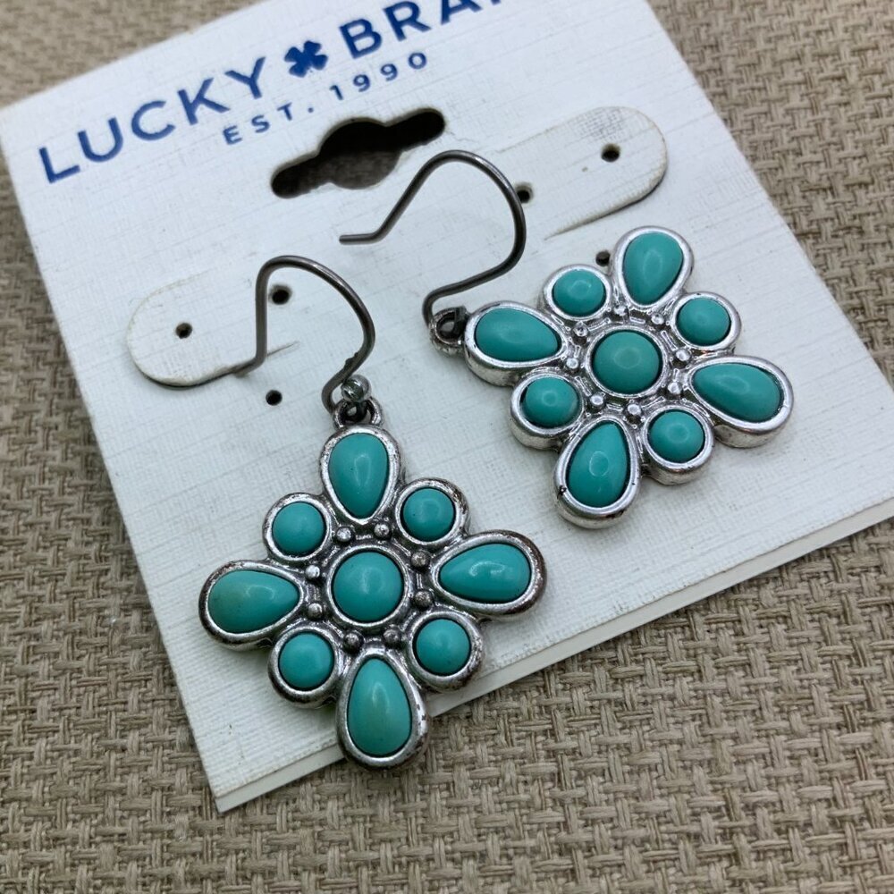 Lucky Brand Distressed Silver Tone Faux Turquoise Blossom Dangle Earrings - Picture 5 of 5